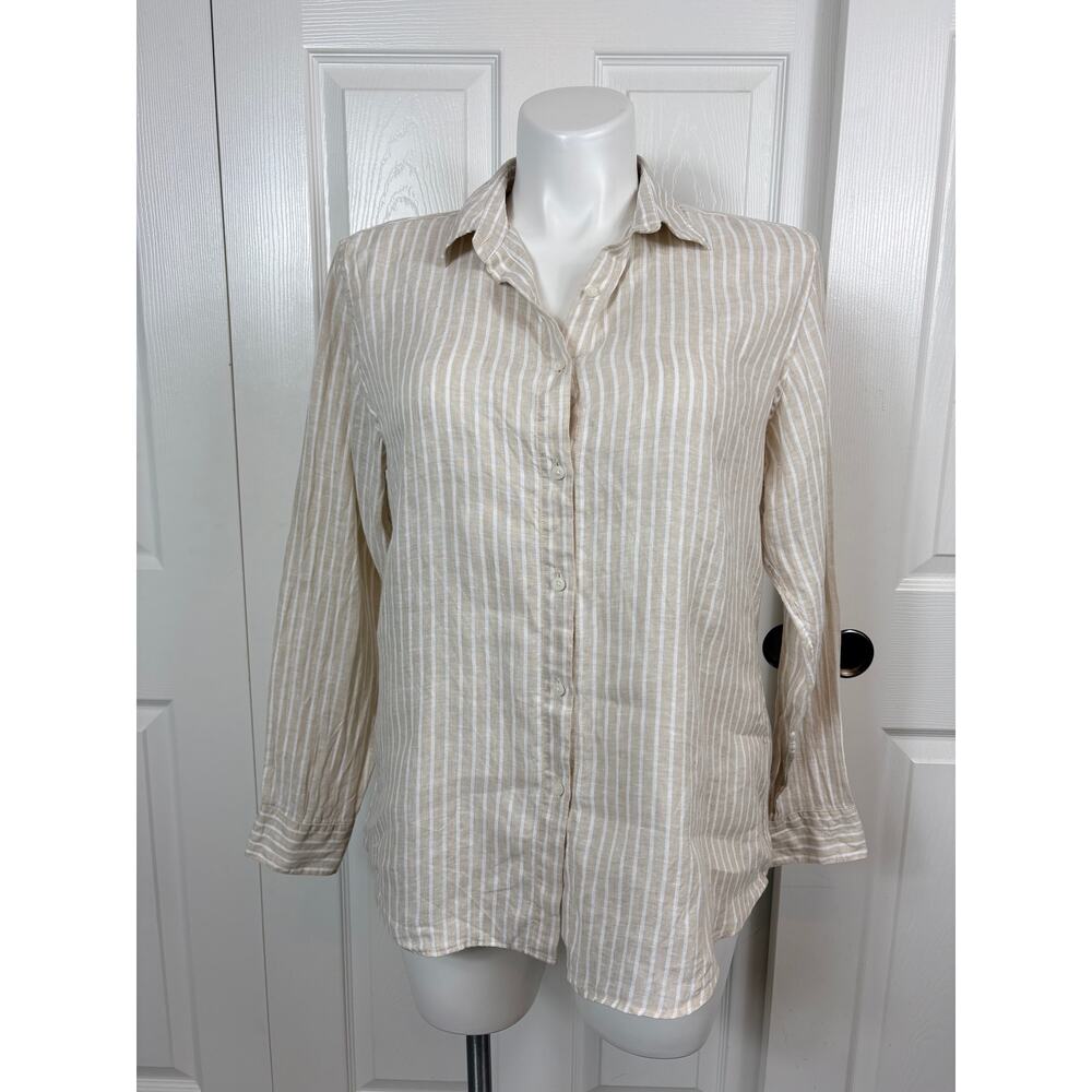 Uniqlo Womens Beige Premium Linen Shirt Striped Size XL Long Sleeve Button Down - Picture 2 of 8